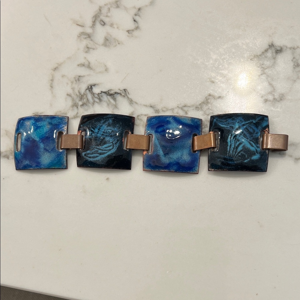 Vintage copper enamel panels squares hand made Blue and Black Artistic Bracelet - Picture 3 of 6